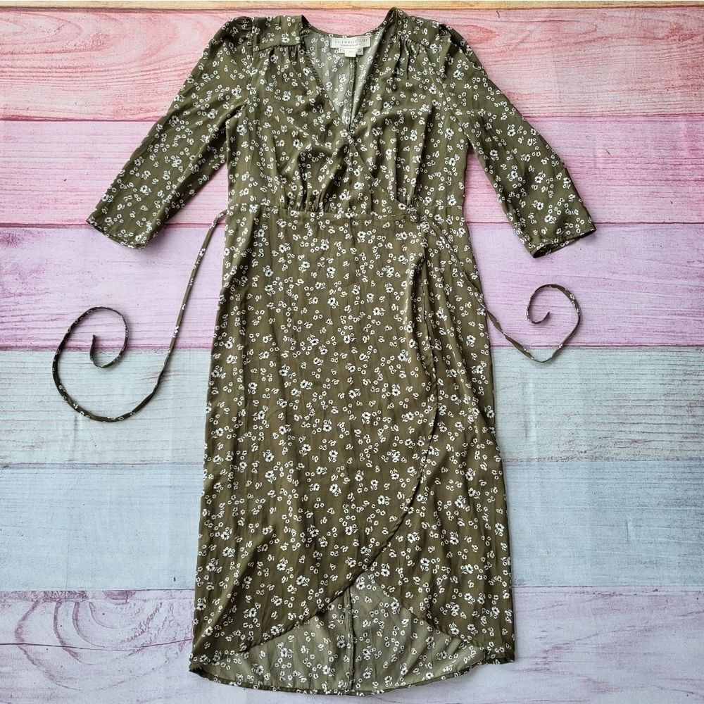 Saltwater Luxe Olive Green White Floral Print Tie Waist Midi Wrap Dress Medium